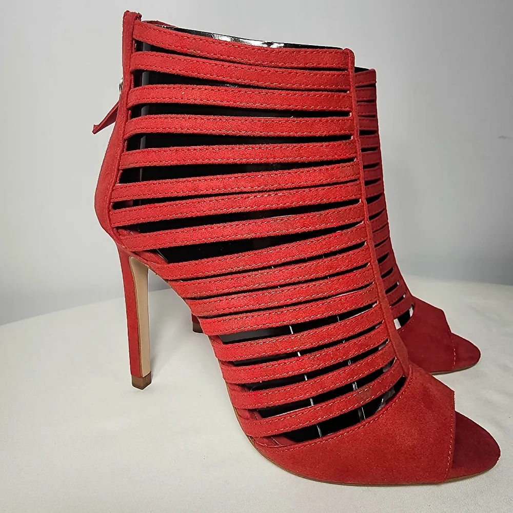 Zara Bright Red Faux Suede Strappy Caged Open Toe 4” Stiletto Heels Size‎ 36